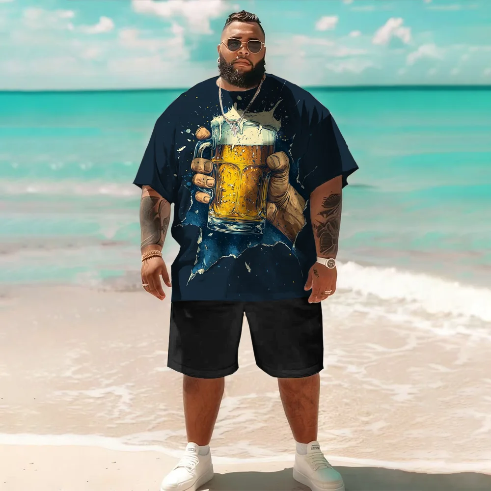 طقم S-9xl مقاس كبير للرجال بأكمام قصيرة: فيبي مستوحى من البيرة - قطعتين كبيرة وطويلة، قماش ناعم مسامي، مطبوعات كوب رقيقة، #1