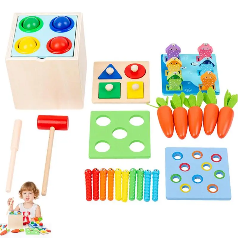 

5-In-1 Wooden Play Kit Easy Play Montessori Box Play Kit Matching Game For Over 1-Year-Old Object Permanence Box Coin Box Carrot