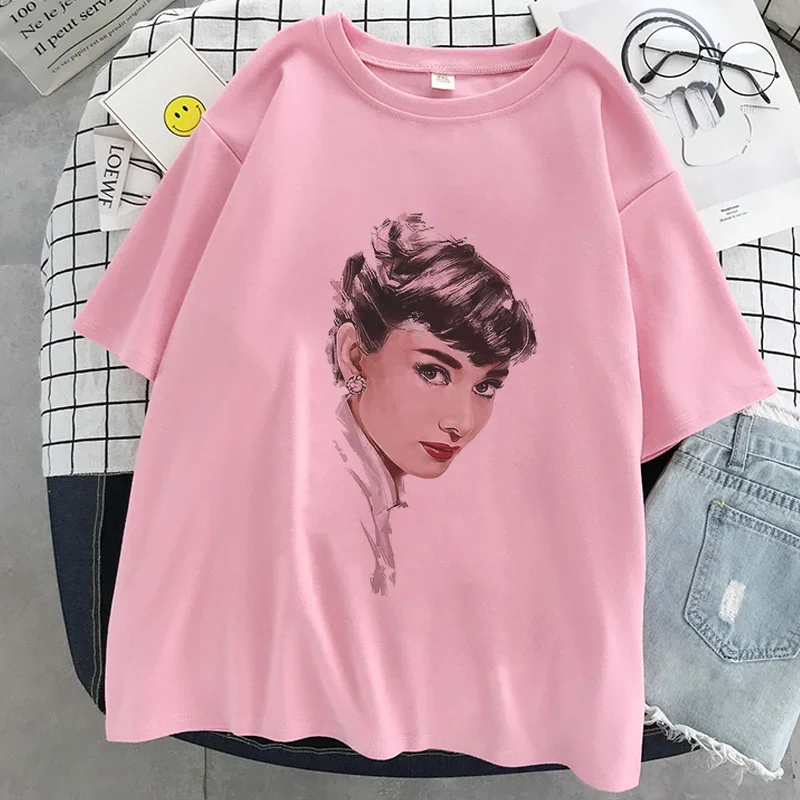 Audrey Hepburn Print Pink T-shirt Women New White O-neck Summer Tops Tshirt Harajuku Korean Aesthetic Streetwear Female T Shirt