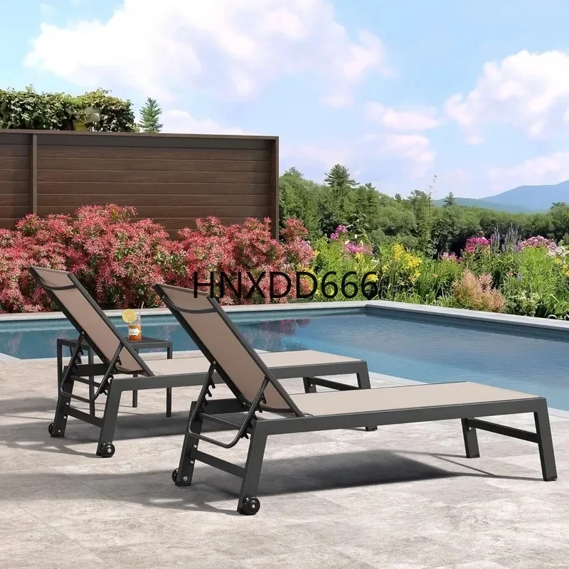 2-Piece Textilene Patio Lounge Chair Set with Wheels and Side Table - Beige Sunbathing Pool Chairs