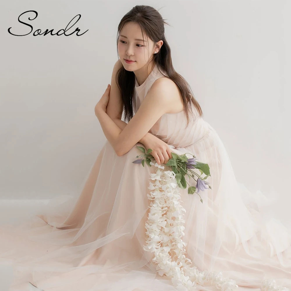 Sondr Koreaanse trouwjurken op maat gemaakte o-hals mouwloze bruiloftsreceptie jurk een lijn korset rugloze avondfeestjurken