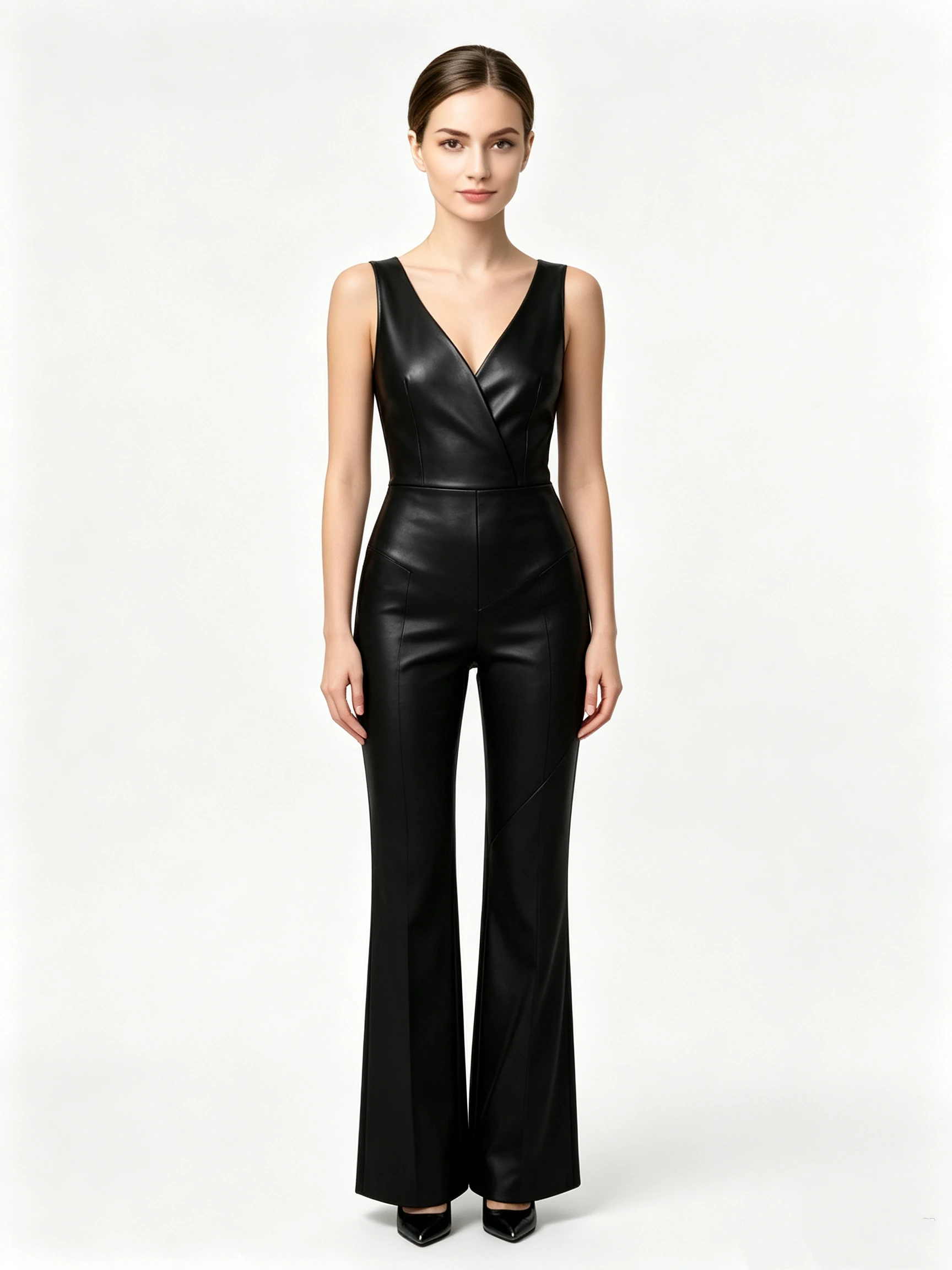 Women's Faux Leather Sleeveless Jumpsuit with Deep V-Neck and Flared Legs