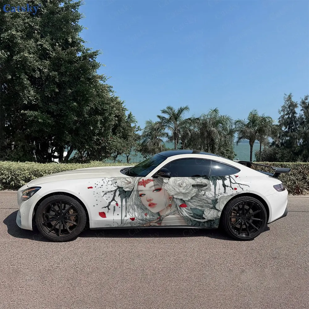 2pcs Ink-Wash Style White Rose Girl Car Side Wrap, Self-Adhesive PVC Waterproof & Scratch-Resistant Stickers, Car Accessory Gift