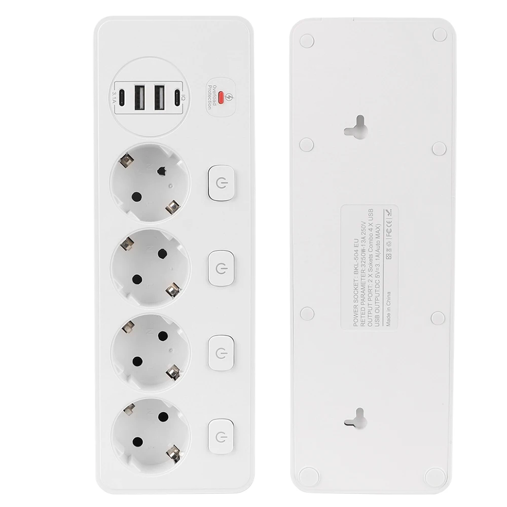 Overload Protection Electrical Extension Socket 4 Way Outlets Independent Switch 2m Cord EU Plug Power Strip 2-USB 2-Type C