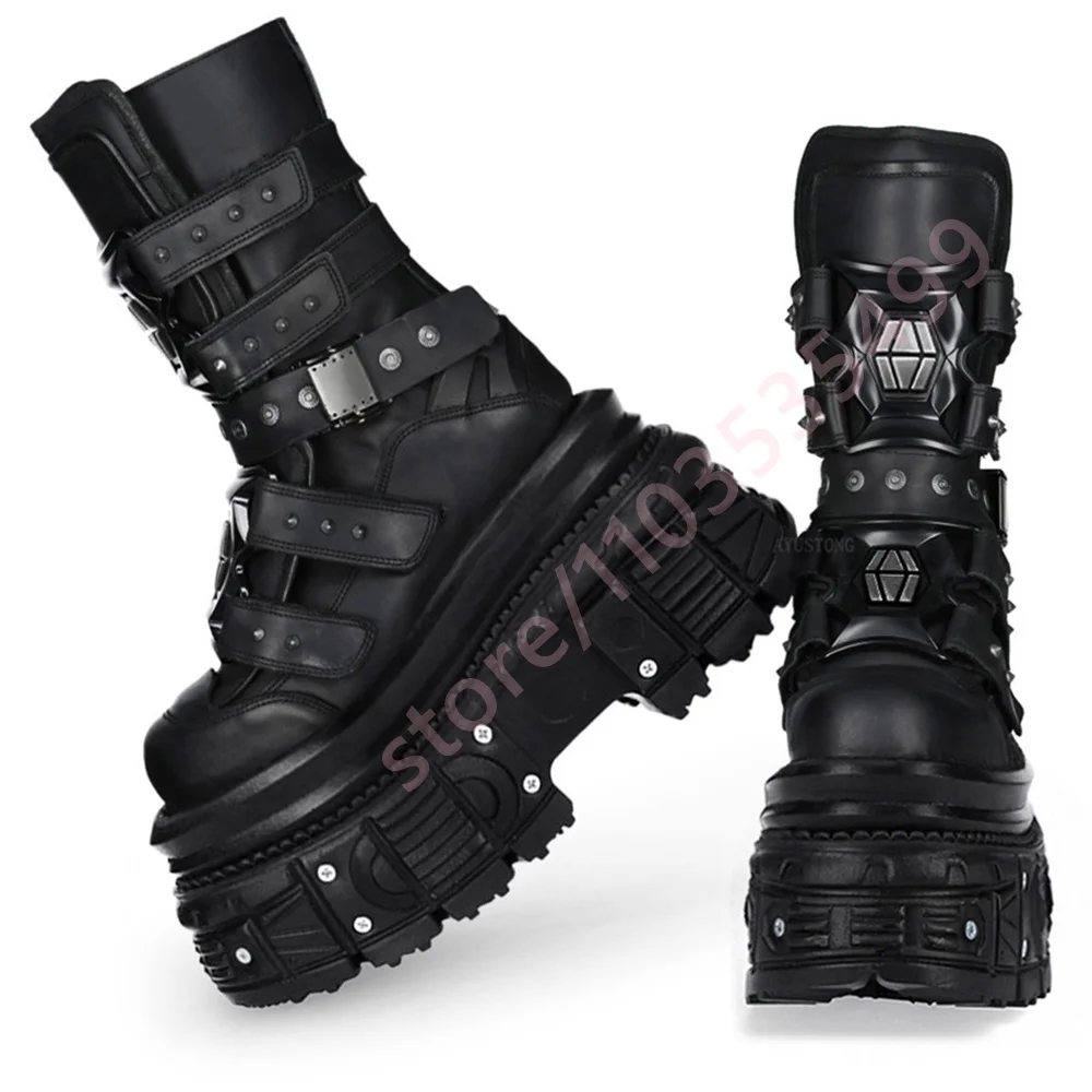 Black Punk Rock Studded Motorcycle Boots New 2026 Style Street Fashion Sports Casual Boots Thick Sole Round Gothic Mid-Calf Boot