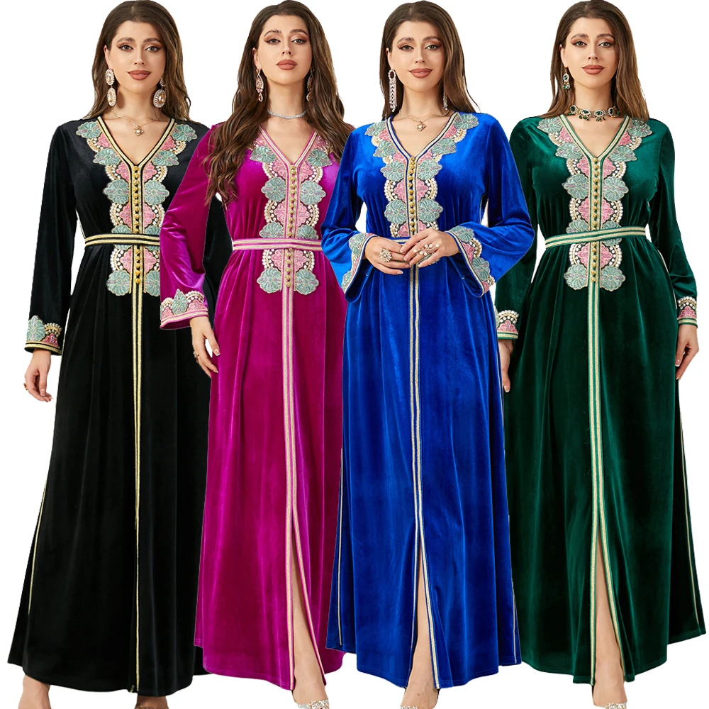 

Dubai Abaya Velvet Embroidery Eid Party Evening Dress Turkey Arabic Kaftan Morocco Islam Women Muslim Ramadan Gulf Jalabiya Gown