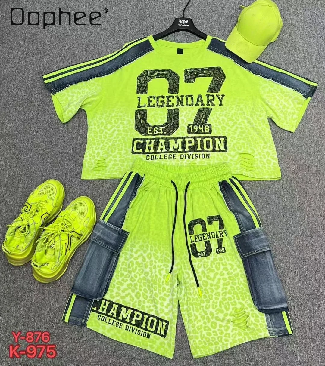 

Fashion Suit Female Number 07 Printing Leopard Print Gradual Change Splicing Contrasting Color Loose Short Sleeve Two-piece Set