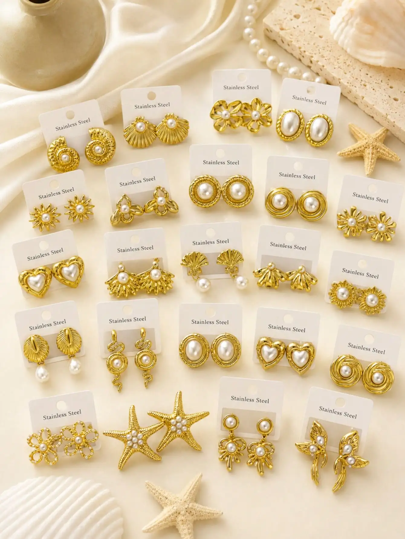 Vintage Stainless Steel Pearl Earrings Multi Styles Gold Plated Starfish Shell Heart Flower Dangle Stud For Women