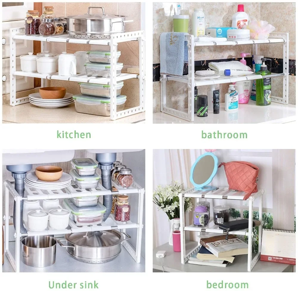 Under Sink Organizer 2 Tier Multipurpose Retractable Shelf Cabinet Organizer Under Sink Storage Rack Bathroom Kitchen Organizer