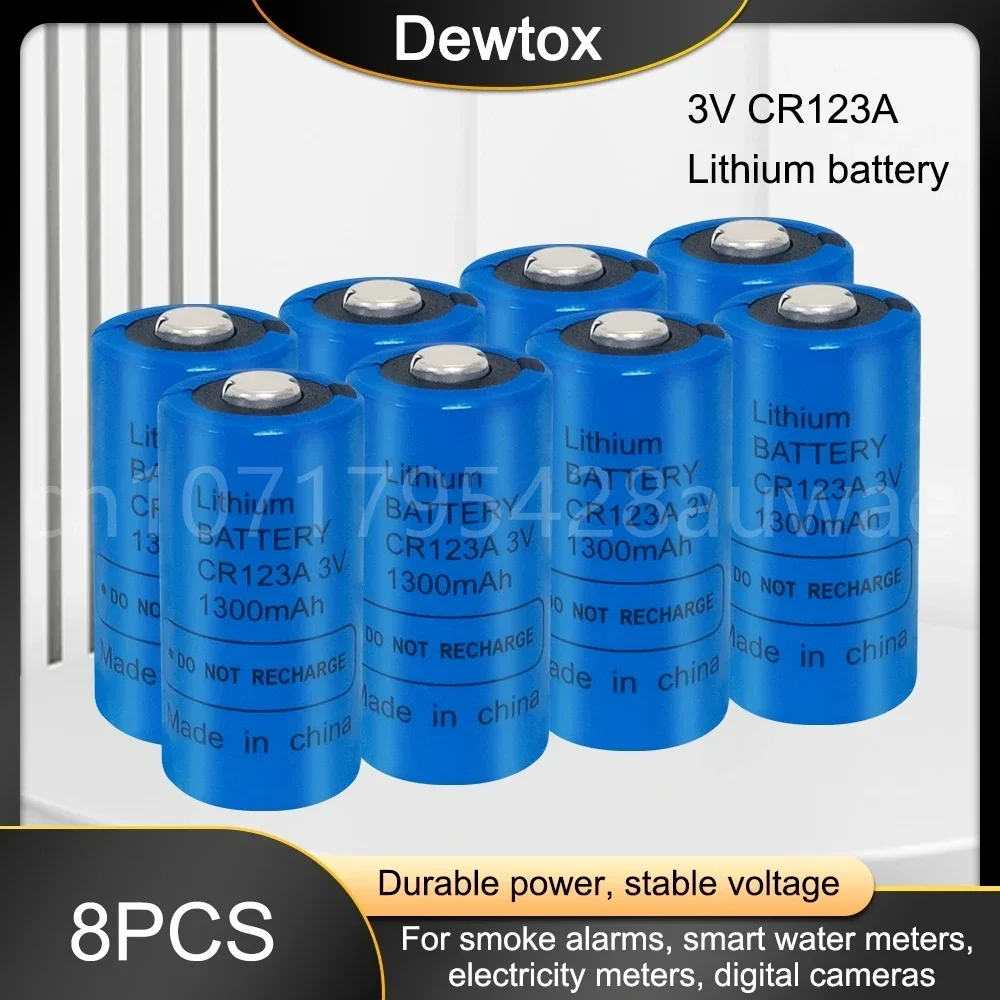 Batería de litio CR123A de 3V con enchufe, 8 Uds., adecuada para cámaras de película, cámaras de inodoro inteligentes, sensores de urinario, Detector de humo