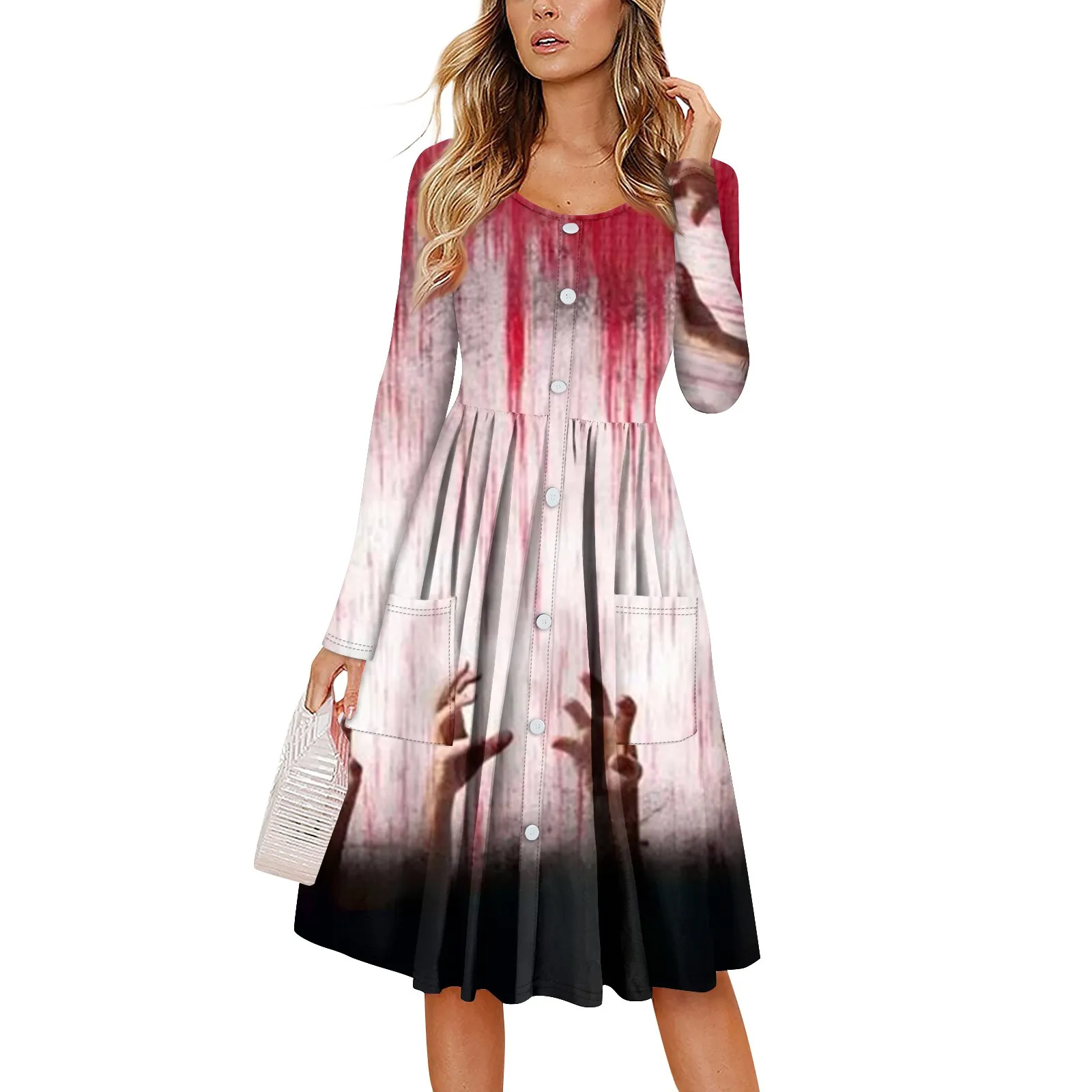 Blood Handprint Printed Party Dress Halloween Costume Women\'S Long Dress Retro A-Line Dress Holiday Party Women Dress