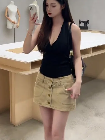 Slim Fit  Skirt High Waist Denim Short Skirt Women's Fashion Autumn New Style Khaki Color Stylish Slimming Trendy Jeans S...