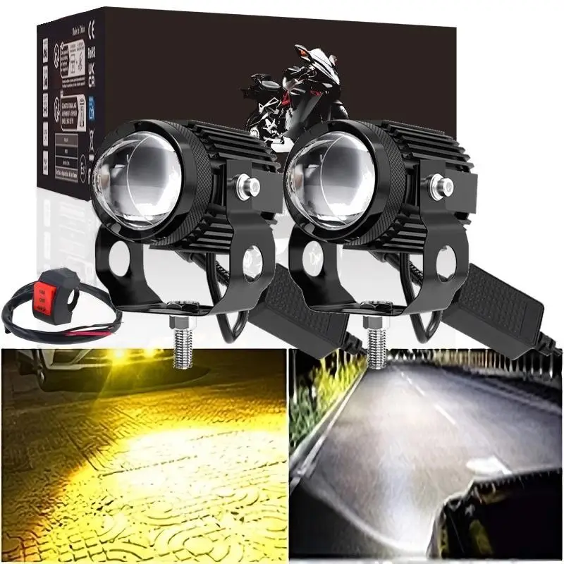 New2Pcs Motorcycle LED Lens Spotlight Dual-color High Low Beam External Headlight Auxiliary Fog Lamp Moto Driving Lamp