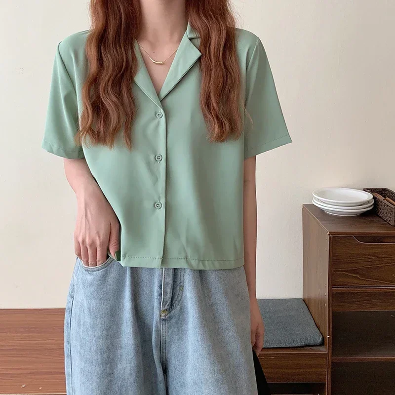 

Shirts Women Korean Short Sleeve Turn Down Collar Loose Blouse Office Lady Retro Elegant All Match Solid Basic Casual Top