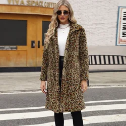 Autumn Winter Fur Coat Women Fashion Casual Square Collar Imitation Leopard Faux Fur Coat Plush Long Coat Winter Jacket 2024