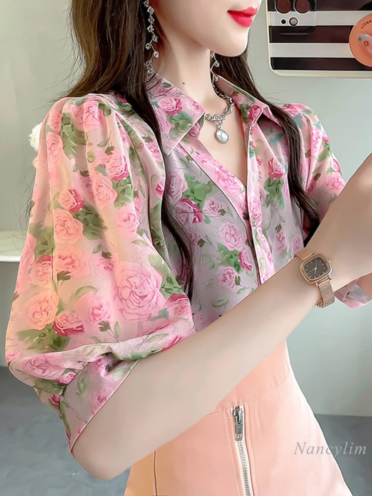 

Summer Floral Top Women's Fashion Short Puff Sleeve Chiffon Blouse Loose Shirt Elegant Pink Flower Blusas 2024