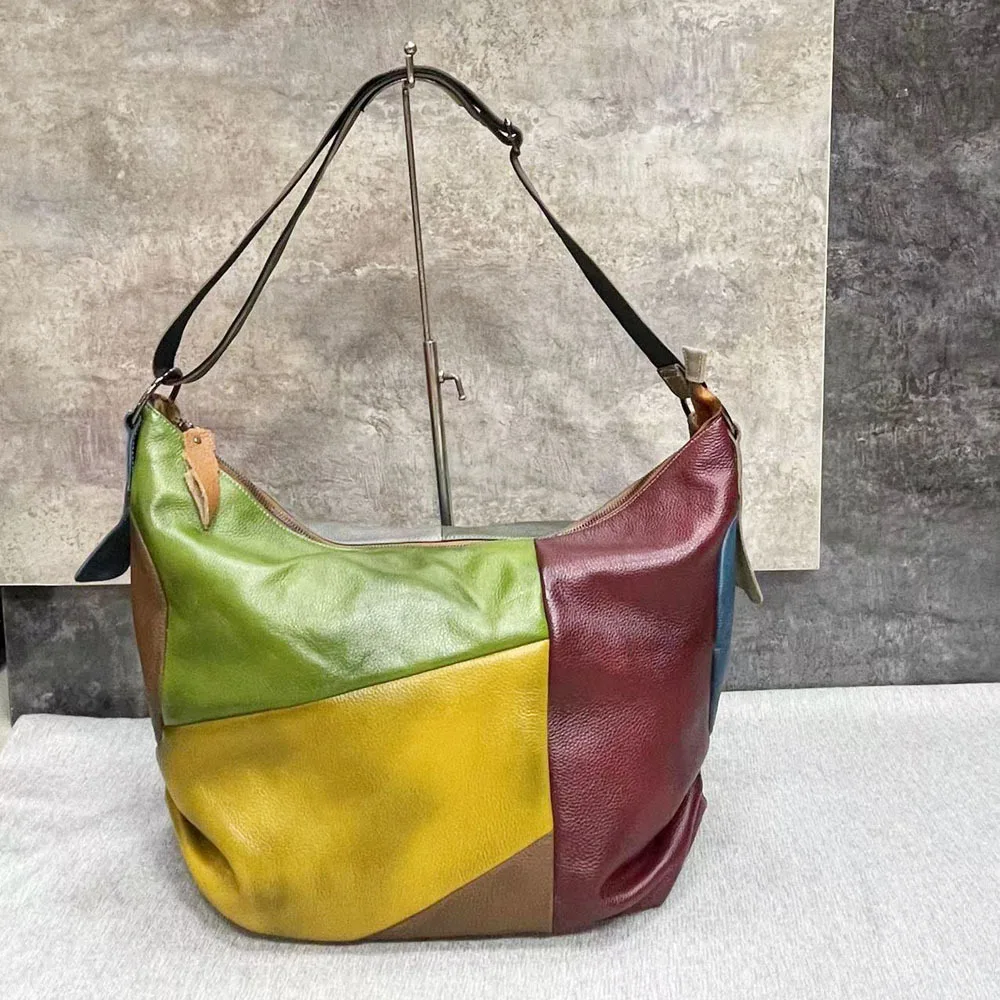 Oversized Female Genuine Leather Patchwork Hobo Slouchy Shoulder Bag Vintage Big Capacity Overnight Weekender Work Laptop Bag