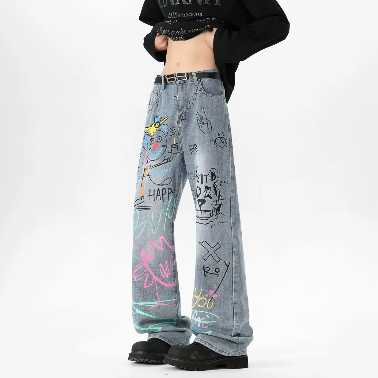 

Personality Hand Drawn Graffiti Jeans Unisex Sense Of Luxury Jeans American Style Retro High Street Loose Denim Wide Leg Pants
