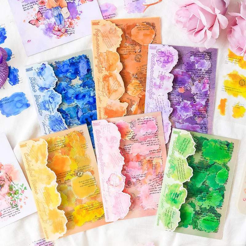 Journamm 6sheets PET Watercolor Smudge English Stickers DIY Diary Decoration Sticker Album Scrapbooking Junk Journal Stickers