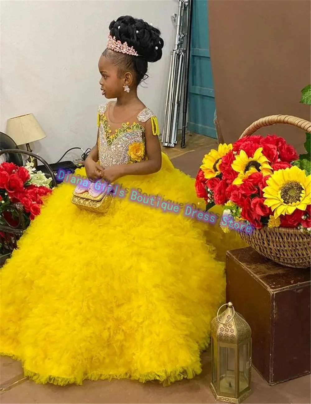 Vestido elegante personalizado de flores amarillas para niña, faja con lazo grande, esponjoso, capas de lentejuelas, boda, fiesta de cumpleaños para niños, vestidos de noche