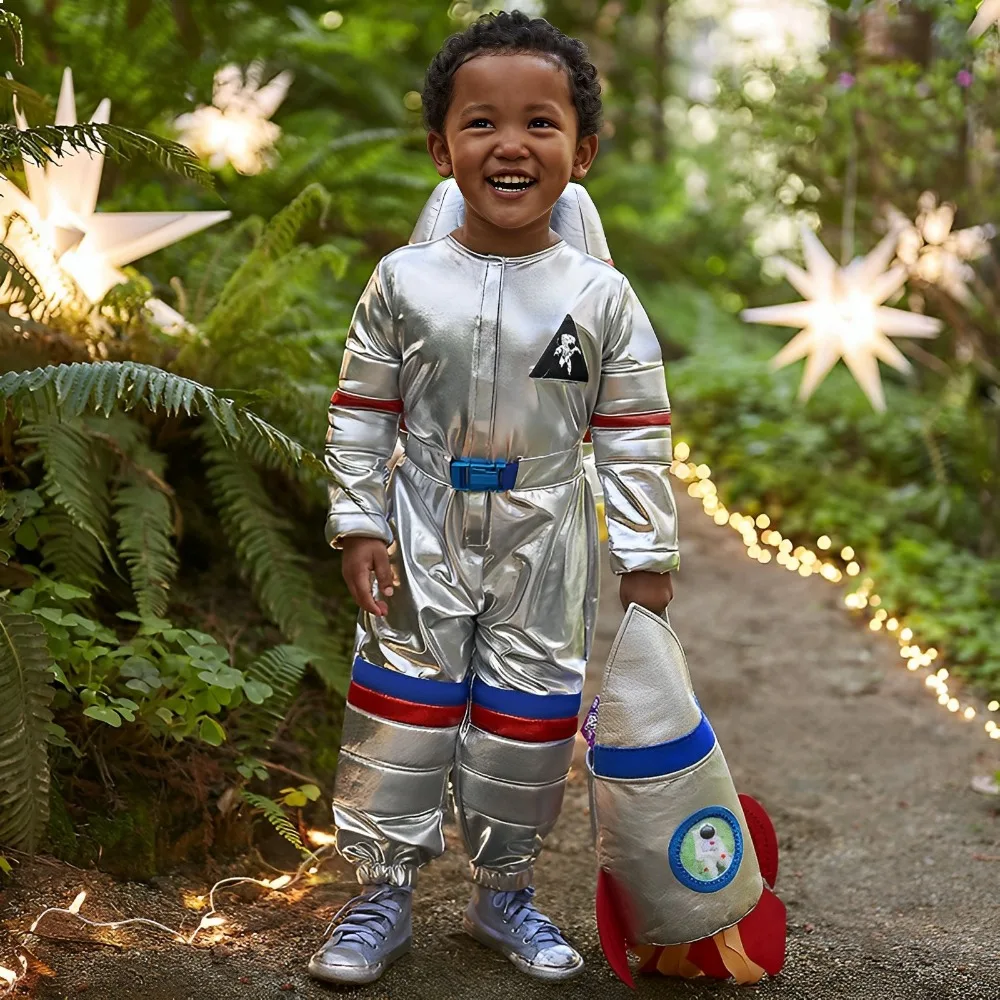 Halloween Astronaut Costume for Kids with Rocket backpack, Space Costume for Boys Girls Toddler 3-10 Pretend Role Play Dress Up