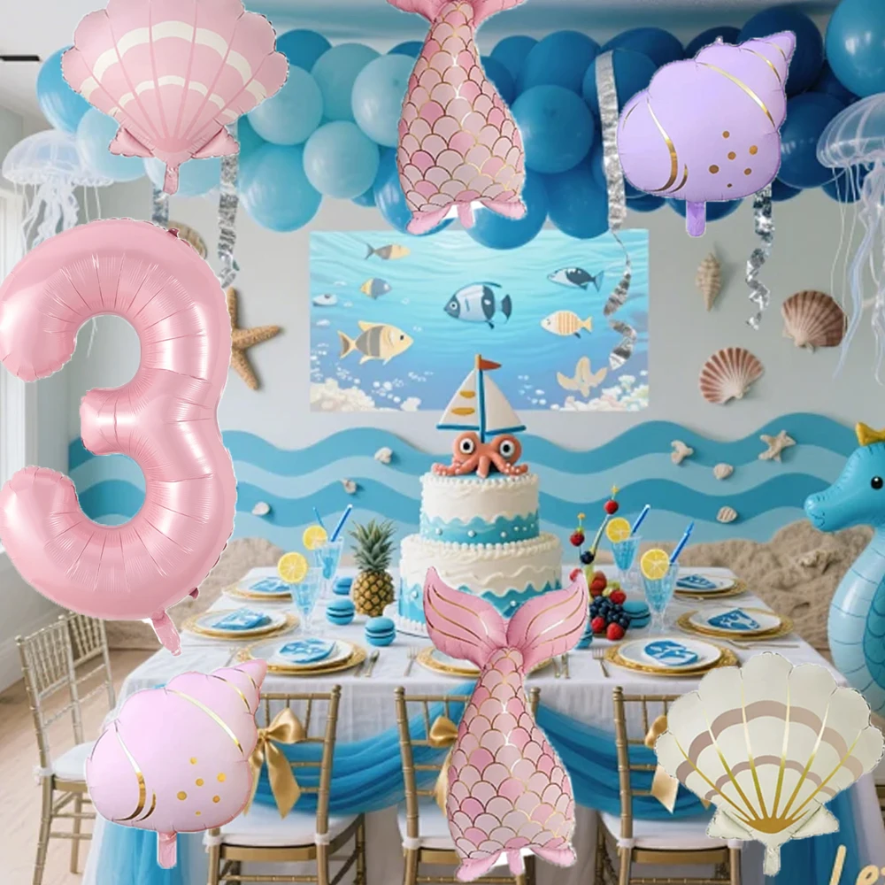 7pcs Ocean Mermaid Tail Shell Conch Balloon Set Pink 0-9 Number Foil Balloon Undersea Birthday Party Decor Baby Shower Supplies view 5