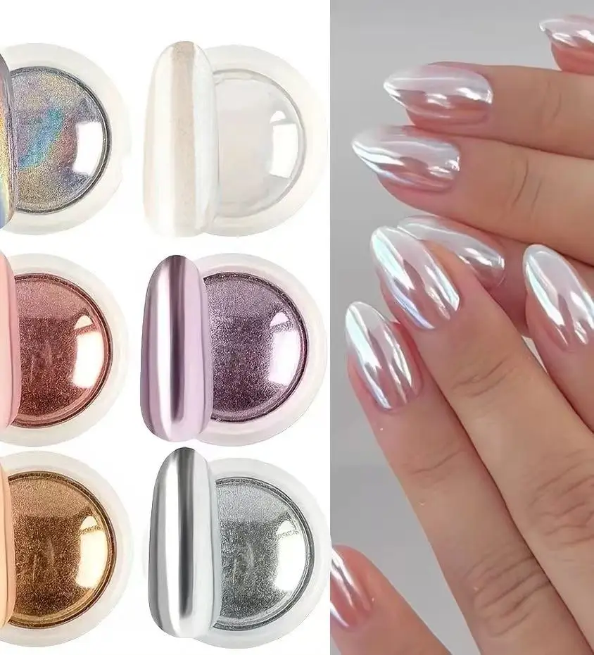 6pcs Chrome Mirror White Nail Powder Pigment Gold Silver Rubbing Holographic Aurora Iridescent Metallic Nail ArtPower Decoration