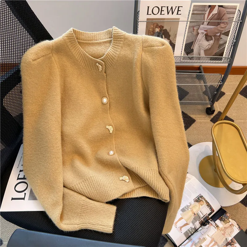 Green Pink Camel Autumn/Winter New Metal Button Fragrant Style Long Sleeve Round Neck Bubble Sleeve Cardigan Sweater Coat