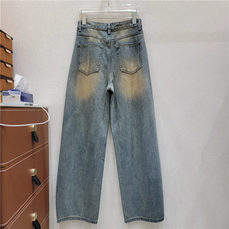 3d Rose Flowers Vintage Straight Jeans 2026 New Autumn All-match High Waist Floor-length Wide Leg Casual Women Denim Trousers