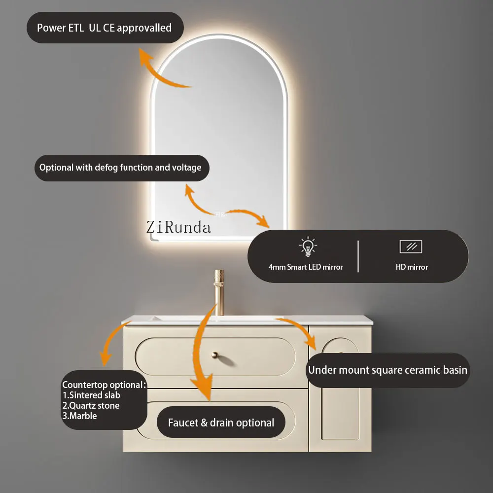 Modern Luxury Bathroom Cabinet Ceramic Basin Plywood Vanity Glass Sink Top - For Hotels