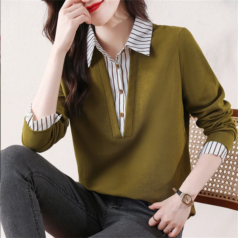 

Fake Two-piece Shirt Women Blouses Laple Striped Patchwork Shirt Spring Autumn Woman Clothes Shirt Fashionable Female Blous