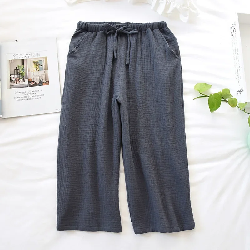 Summer Mens Sleeping Pants 100% Cotton Crepe Sleep Bottoms Solid Cropped Pants Elastic Band Sleep Shorts Loose Home Lounge Wear