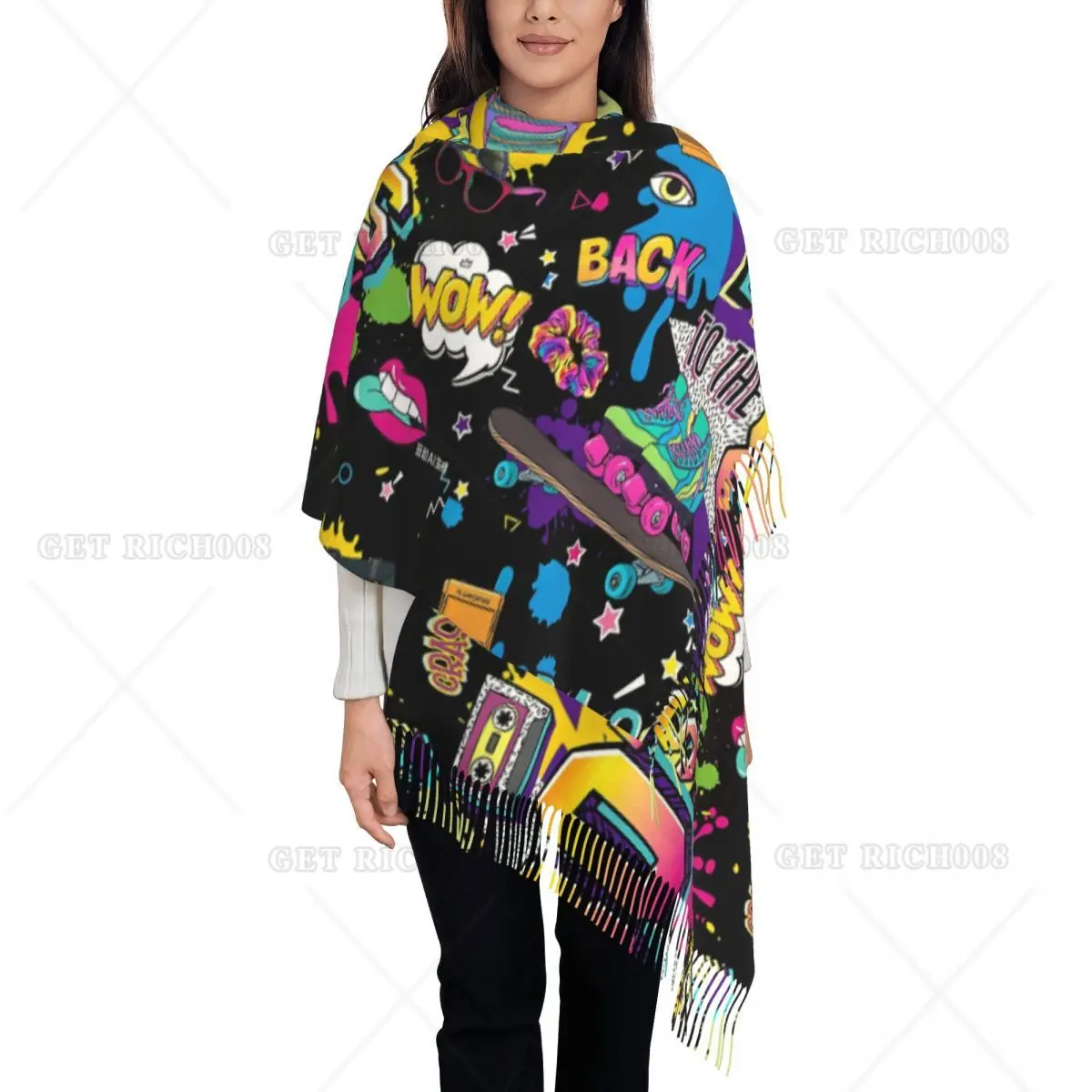 

Retro 80s 90s Print Women Men Warm Scarf Tassel Scarf Shawl Warm Wraps Shawl Wraps Print Soft One Size