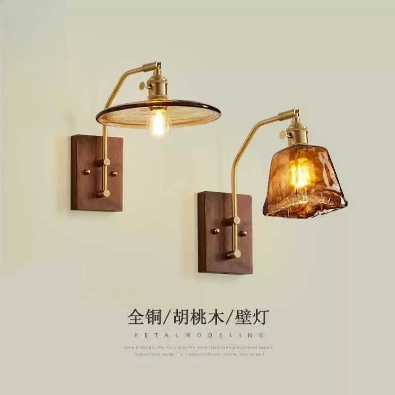 

Bedroom bedside medieval nostalgic living room background wall art aisle stairs balcony walnut all copper glass wall lamp