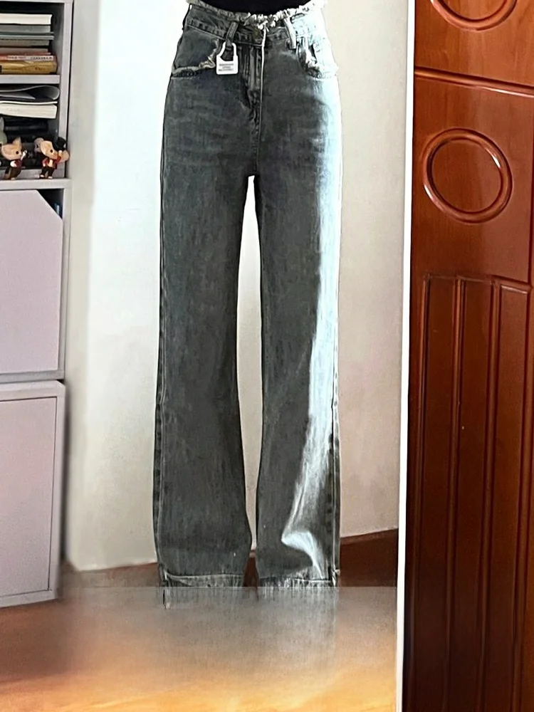 

High Waist Wide Leg Straight Cut Denim Jeans Women's Vintage Frayed Hem Hong Kong Sle Loose Fit Spring Season Ladies Jeans