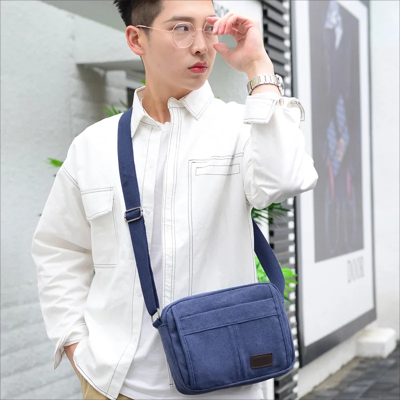 Men's Retro Canvas Shoulder Bag Sports and Leisure Messenger Bag Simple Crossbody Bag Horizontal Small Square Sling Bag