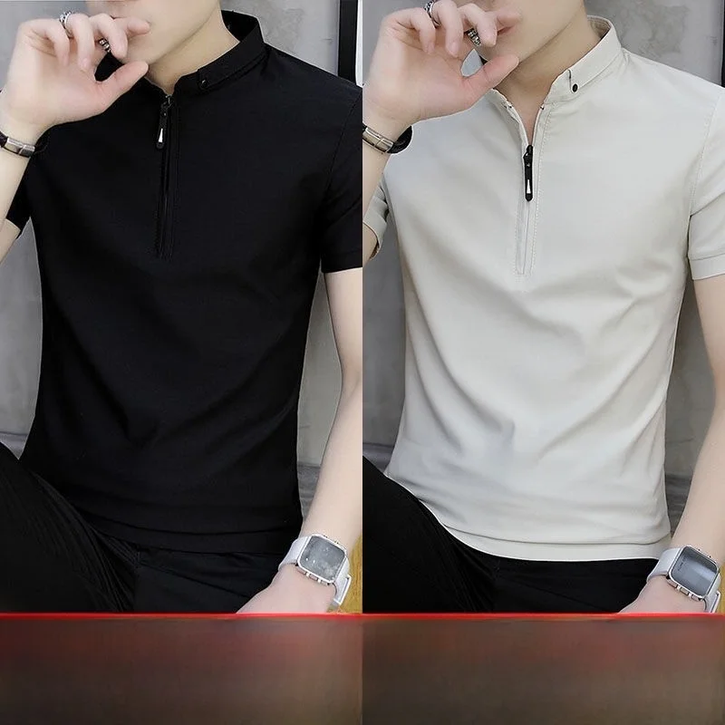 Pure Cotton Ice Silk Short Sleeve  Shirt Dad Style Summer Fashionable Men's Clothing Slim Fit Youth Trend Splice Design