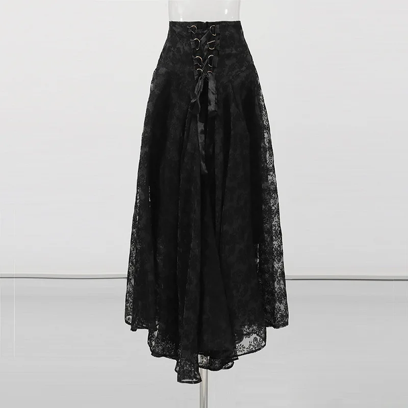 HKSH Women Skirt French Style Chic Elegant Lace Mesh Jacquard Design Lace-Up Large Hem High Waist Long Skirts Autumn New HK26865