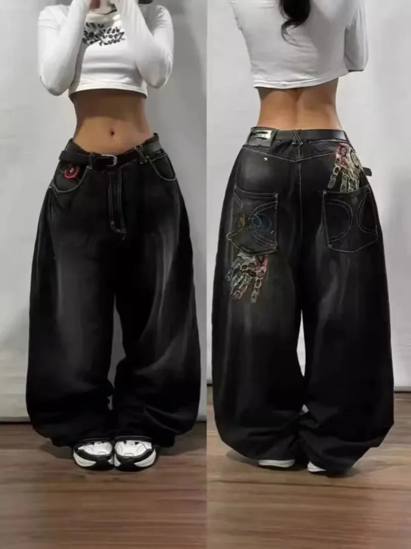 Y2K Fashion Harajuku baru dicuci lama Baggy Jeans wanita Jalan Vintage Hip Hop populer rekreasi Gotik celana kaki lebar pinggang tinggi