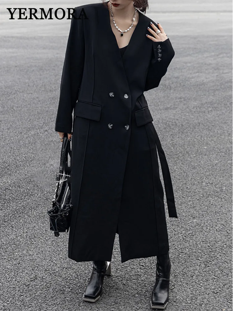 

YERMORA black button brief casual trench for women v-neck long sleeve loose new windbreaker fashion tide spring autumn 2025