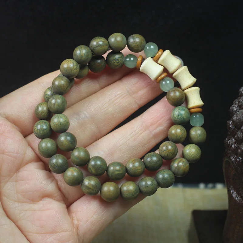 Green Sandalwood 8mm Bracelet with Golden Thread Bamboo Beads, Multi-loop Handheld Buddhist Prayer Beads Jewelry