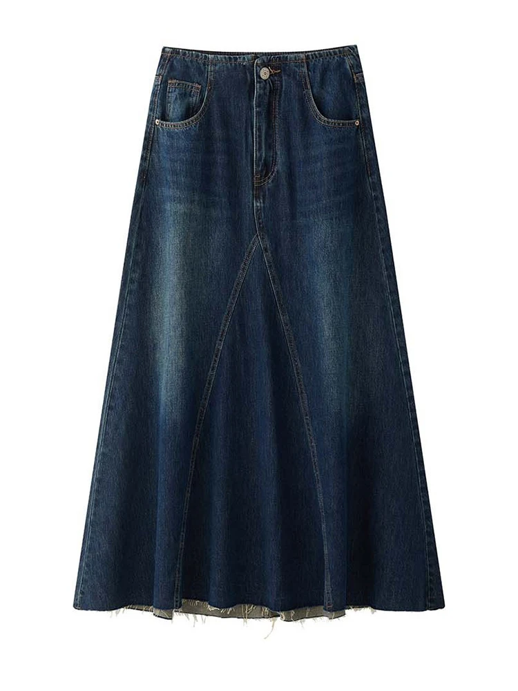 FANAN Spliced Design Washed Denim Skirts For Women High Waist A-line Mid-length Temperament Streetwear Skirt 2025 Autumn New