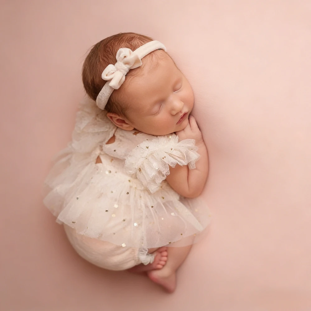 Lace Ruffle Gold Star Tutu Newborn Photography Romper White Baby Girl Photo Outfit Infant Bodysuit Photoshoot Clothes