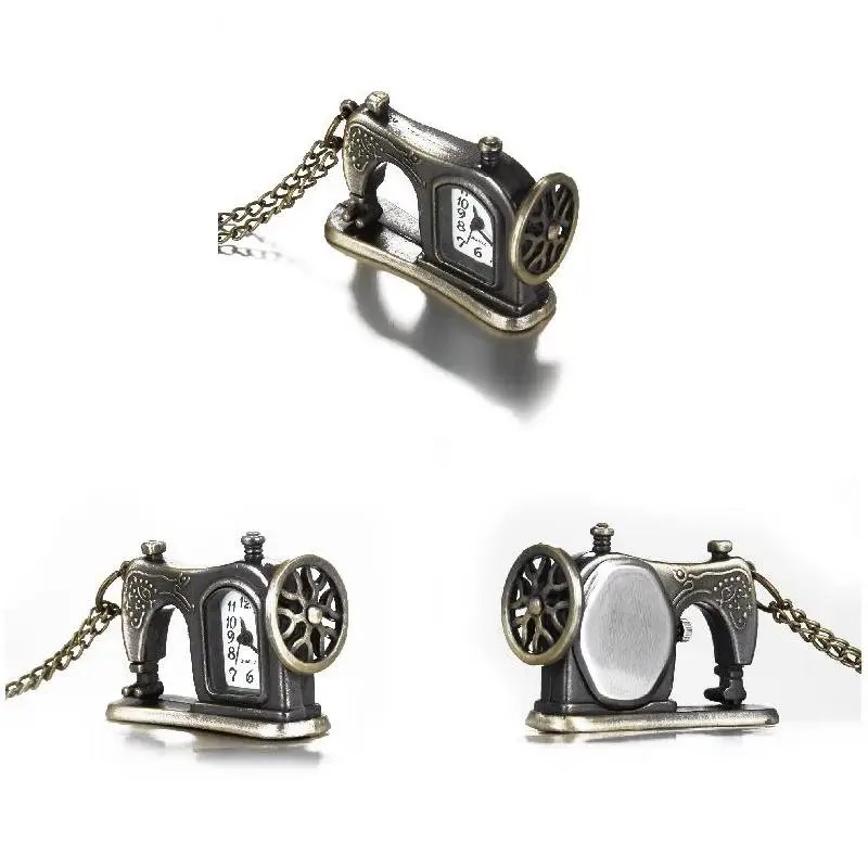 Retro Antique Bronze Alloy Sewing Machine Design Pocket Watch With Necklace Chain Best Gift