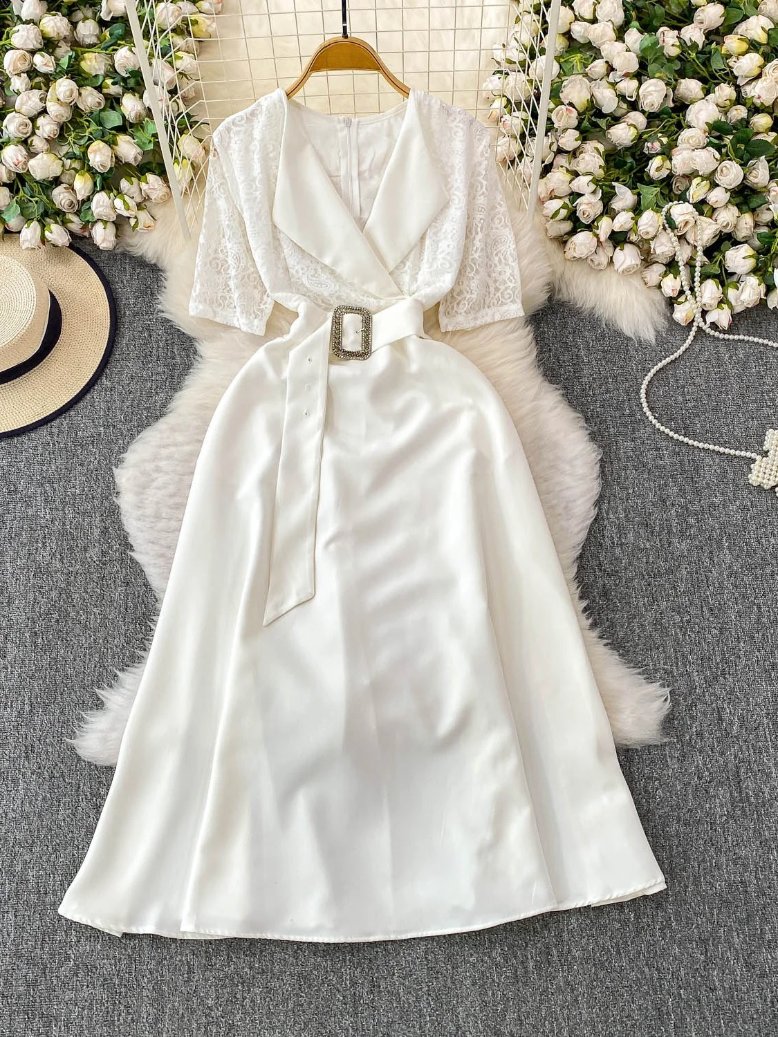 فستان أنيق من الدانتيل برقبة على شكل حرف v للنساء بخصر عالٍ وخصر مجمع صيفي من الحرير والساتان وأكمام قصيرة على شكل حرف a للحفلات