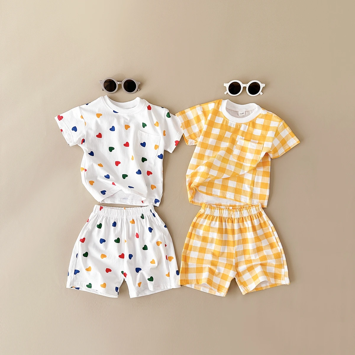 Toddler Summer Casual Baby Clothes Sets Love Full Print And Grid T-shirt Tops+Shorts Baby Boys Girls Clothes Fashion 2Pcs/Set