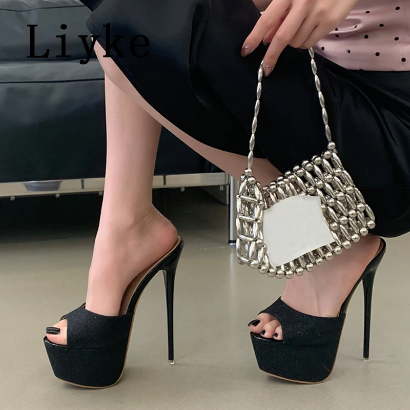 

Liyke Big Size 35-46 Fashion Show Extreme High Heels Slippers Women Sequined Platform Sandals Sexy Peep Toe Party Dress Shoes