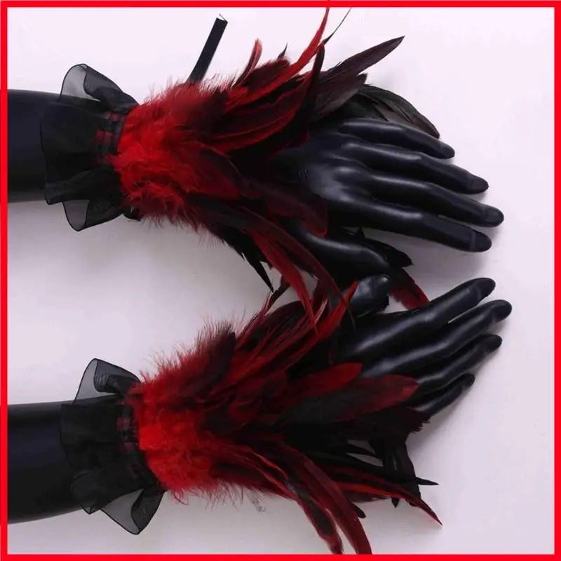 

F3MF Feathered Hand Cuffs Women Punk Arm Sleeves Halloween Party Wrist Decoration Arm Cuffs Armwear for Various Occasion