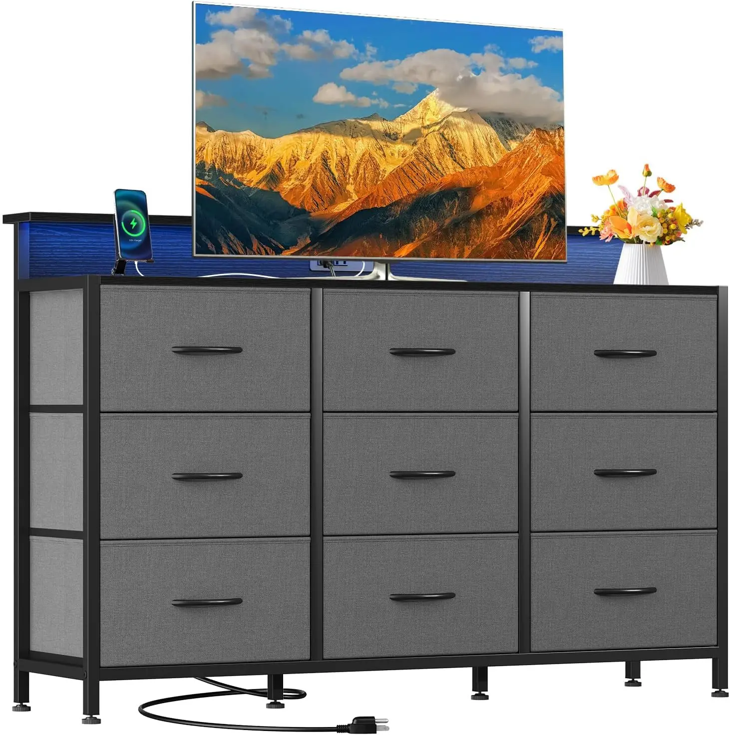 

TV Stand with LED Lights, Charging Station & 8 Drawers for 45-55 Inch TVs, Grey Entertainment Center