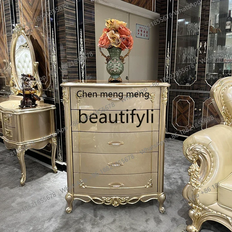 

French solid wood chest of drawers luxury engraved champagne gold chest of drawers storage locker living room2936